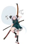  1girl absurdres black_bow black_bowtie black_socks bow bowtie commentary_request green_skirt green_vest highres hitodama kneehighs konpaku_youmu konpaku_youmu_(ghost) looking_at_viewer open_mouth puffy_short_sleeves puffy_sleeves sheath sheathed shirt shoes short_hair short_sleeves simple_background skirt socks solo standing standing_on_one_leg sword touhou translation_request vest weapon white_background white_hair white_shirt white_shoes youmu_day yuri_kowashi_(tetsukabuto_nuranura) 