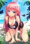  ahoge all_fours bare_legs bare_shoulders beach black_school_swimsuit blue_eyes blush breasts cleavage day demon_tail fingernails fingers hair_ornament hands highres lala_satalin_deviluke large_breasts lips long_hair looking_at_viewer name_tag ocean one-piece_swimsuit pink_hair school_swimsuit shokuyou_mogura smile solo swimsuit tail to_love-ru wet 