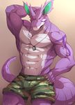  2015 abs anthro arm_behind_head biceps camo clothed clothing dog_tags fangs glowing half-dressed horn invalid_tag looking_at_viewer male markings muscles necklace nidoking nintendo pants pecs pok&eacute;mon purple_skin rabbity red_eyes scales shorts solo standing tattoo teeth toned topless video_games viruleince white_skin 