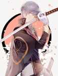  aqua_hair cape eco_(mamenoki) gloves highres ichigo_hitofuri male_focus military military_uniform sheath solo sword touken_ranbu uniform weapon yellow_eyes 