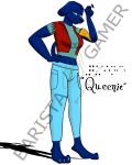 absurd_res anthro baristagamerproductions bird_dog blind bottomwear braille_text canid canine canis clothing denim denim_bottomwear denim_clothing denim_jacket denim_topwear disability domestic_dog eyewear female hi_res hunting_dog jacket jeans labrador mammal pants queenie_(gem_hunters) retriever scarf shaded shirt simple_background solo sunglasses text topwear watermark white_background