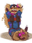 3:4 3_toes anthro arm_tuft armor ball_gag barefoot benj24 blue_clothing blush bodily_fluids brown_nose chance_furlong cheek_tuft claws clothed clothed_anthro clothed_male clothing crying_laughing domestic_cat drooling elbow_tuft facial_tuft feet felid feline felis foot_fetish fur fur_tuft gag gagged hanna-barbera headgear helmet hi_res laugh loose_feather male mammal pouch_(clothing) restrained restraints saliva simple_background sitting smile solo stocks swat_kats t-bone_(swat_kats) tail tan_body tan_fur tears teeth tickle_fetish tickle_torture tickling tickling_armpits tickling_chin tickling_ears tickling_feet tickling_toes toe_claws toes tuft white_background