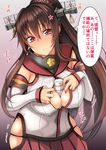  between_breasts breasts brown_hair curvy hair_ornament headgear highres kantai_collection large_breasts long_hair looking_at_viewer miyoshi_(triple_luck) ponytail red_eyes solo translation_request yamato_(kantai_collection) 