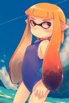  1girl artist_request female inkling loli nintendo ocean one-piece_swimsuit orange_eyes orange_hair pointy_ears school_swimsuit simple_background sky solo splatoon swimsuit tentacle_hair water 