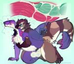 alienpoosy all_fours anthro arm_tuft bite blue_blush blue_eyes blue_penis blush blush_lines bodily_fluids breath claws countershading cum cum_in_slit cum_inside cum_on_own_penis cum_on_penis cum_on_self curling_toes dinosaur doggystyle drooling duo elbow_tuft entwined_tails eyes_closed feef_(fishtits) feet felid finger_claws from_behind_position frottage_in_slit genital_fluids genitals gloves_(marking) heart_symbol hi_res internal internal_slit knee_tuft knotting leaning_on_hand leg_tuft male male/male mammal markings narrowed_eyebrows neck_bite neck_grab nude penetration penile penile_penetration penis penis_in_slit prehistoric_species purple_body reptile saber-toothed_tiger saliva scalie sex slit_knotting slit_penetration slit_play striped_markings striped_tail stripes tail tail_coil tail_markings toe_claws tuft white_body white_countershading 