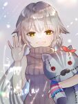  1girl :d \||/ adapted_costume charlotta_skopovskaya commentary_request eyelashes eyes_visible_through_hair grey_background grey_hair hair_between_eyes hand_up happy happy_birthday heaven_burns_red highres holding holding_stuffed_toy light_particles long_hair looking_at_viewer open_mouth rin_0101010 simple_background sleeveless sleeveless_sweater sleeveless_turtleneck smile solo stuffed_animal stuffed_cat stuffed_toy sweater turtleneck turtleneck_sweater upper_body very_long_hair waving yellow_eyes 