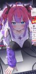  !? 1girl absurdres ahoge arm_warmers black_bow black_bra blue_eyes blush bow bra bra_over_clothes closed_mouth commentary_request drill_hair hair_bow highres hololive hololive_dev_is kei165892 kikirara_vivi kikirara_vivi_(1st_costume) long_hair looking_at_viewer multicolored_hair nail_polish pink_hair pink_nails purple_arm_warmers purple_hair shirt solo through_medium through_screen twin_drills two-tone_hair underwear very_long_hair virtual_youtuber white_shirt 
