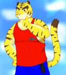  anthro blue_eyes clothing feline fur mammal morenatsu plain_background smile tiger torahiko_ooshima 