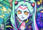  1girl 2022 aqua_hair artificial_eye back bishoujo_senshi_sailor_moon breasts chris_pimentel cleavage colored_sclera colored_skin commentary crescent crescent_facial_mark cyberpunk:_edgerunners cyberpunk_(series) facial_mark forehead_tattoo green_eyes grey_skin gun highres holding holding_gun holding_weapon mechanical_hands meme neck_tattoo parody portrait rebecca_(cyberpunk) red_sclera sailor_moon_redraw_challenge_(meme) samurai_jacket_(cyberpunk) signature small_breasts solo tattoo twintails v-shaped_eyebrows weapon 
