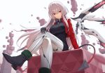  1girl commentary_request grey_hair hair_between_eyes long_hair looking_at_viewer red_eyes rubilia_(tower_of_fantasy) sarasa_(kanbi) simple_background sitting solo solo_focus tail tower_of_fantasy white_background wings 
