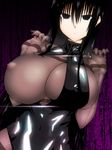  black_eyes black_hair black_swimsuit bodystocking breast_slip breasts covered_nipples empty_eyes expressionless front_zipper_swimsuit highres huge_breasts kuro_senpai_to_kuro_yashiki_no_yami_ni_mayowanai long_hair meme_attire one-piece_swimsuit one_breast_out open_clothes see-through senpai_(kuro_senpai) solo swimsuit touhi tsurime 