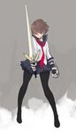  black_legwear bobhit brown_hair full_body gauntlets getamped highres holding holding_sword holding_weapon light_smile long_sleeves looking_at_viewer no_shoes pantyhose pleated_skirt red_eyes school_uniform serafuku short_hair simple_background skirt solo sword weapon 