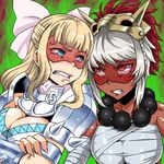  anger_vein angry armor bandage bandaged_arm bangs bare_shoulders beads blonde_hair blue_eyes bow bracer braid breasts charlotte_(fire_emblem_if) cleavage clenched_teeth crop_top crossed_arms curly_hair dark_skin eyelashes facepaint fire_emblem fire_emblem_if gauntlets hair_bow kitsune-tsuki_(getter) large_breasts lips long_hair mask_on_head midriff multicolored_hair multiple_girls red_eyes red_hair rinka_(fire_emblem_if) sarashi shaded_face short_hair simple_background slit_pupils swept_bangs tassel teeth two-tone_hair upper_body white_hair 