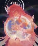  1girl amphoreus_(honkai:_star_rail) closed_eyes commentary cyrene_(demiurge)_(honkai:_star_rail) cyrene_(honkai:_star_rail) dress endosrocky english_commentary flower hair_flower hair_ornament halo highres holding_planet honkai:_star_rail honkai_(series) long_hair mobius_strip pink_hair pointy_ears sky smile solo star_(sky) starry_sky very_long_hair white_dress 