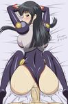  1girl anal ass bed breasts clothed_sex doggystyle female fujimura_shizuru huge_ass large_breasts leotard long_hair looking_back penis sex shinkon_gattai_godannar!! simple_background solo 