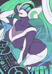  absurdres alternate_costume ass bodysuit breasts covered_eyes dj dj_sona exaxuxer green_hair headphones highres large_breasts league_of_legends listening_to_music long_hair parted_lips phonograph solo sona_buvelle turntable twintails very_long_hair visor 