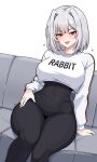  1girl alternate_costume black_bodysuit blush bodysuit cropped_sweater grey_hair hair_intakes heart highres library_of_ruina looking_at_viewer m_ayonessa medium_hair myo_(project_moon) open_mouth print_sweater project_moon red_eyes sitting smile solo sweater thick_thighs thighs 