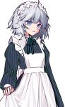 1girl absurdres apron apron_hold black_dress blue_eyes braid dress flat_chest green_ribbon grey_hair highres izayoi_sakuya looking_at_viewer maid maid_apron maid_headdress neck_ribbon non-web_source ribbon simple_background solo striped_clothes striped_dress takki_(takkiko) touhou touhou_hero_of_ice_fairy twin_braids vertical-striped_clothes vertical-striped_dress white_apron white_background 