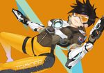  bad_id bad_pixiv_id black_hair bodysuit character_name dual_wielding earrings goggles gun holding jacket jewelry looking_at_viewer miyamae_(miyazen9311) orange_bodysuit overwatch short_hair smile solo spiked_hair thigh_strap tracer_(overwatch) weapon 
