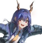  1girl :d absurdres arknights blue_hair ch'en_(arknights) dragon_girl dragon_horns gandy_(gan3e46) highres horns jacket looking_at_viewer necktie open_clothes open_jacket red_eyes simple_background smile solo white_background yellow_necktie 
