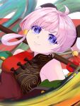  1girl ahoge bare_shoulders blue_eyes closed_mouth commentary_request dress hair_ornament highres holding kurario-ru liu_huo_(tower_of_fantasy) looking_at_viewer pink_hair purple_eyes smile solo thick_eyebrows tower_of_fantasy 