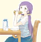  blush casual chair cup drinking_glass eating food from_side kana_(okitasougo222) long_hair love_live! love_live!_school_idol_project low_twintails milk milk_carton purple_hair sandwich shirt sitting solo striped striped_shirt table toujou_nozomi twintails 