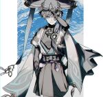  1boy anemo_symbol_(genshin_impact) arm_at_side arm_up armor blue_background blue_cape blue_eyes blue_gem blue_kimono blue_trim blunt_ends bodysuit border bow bridal_gauntlets bright_pupils cape clenched_hand commentary_request covered_collarbone cowboy_shot eyeliner feathers furisode gem genshin_impact grey_bow grey_bridal_gauntlets hakama hakama_shorts hat japanese_armor japanese_clothes jingasa juban kimono kote looking_at_viewer makeup male_focus middle_ring open_clothes open_kimono parted_lips partially_colored pillarboxed pleated_shorts pom_pom_(clothes) purple_rope purple_sash red_eyeliner rope sash scaramouche_(genshin_impact) shorts shoulder_peek side_cape smile solo tassel tsuibakiwa tsurime twitter_username wanderer_(genshin_impact) white_border white_kimono white_pupils wispy_bangs yellow_feathers 