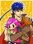  1boy 1girl blue_hair crossover duplicate eating fire_emblem headband ike meat pear super_smash_bros. translation_request yuko_(taxidermy) 