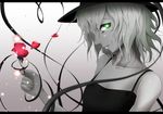  bare_shoulders black_dress collarbone dress flower glowing glowing_eye green_eyes grey_hair hat heart heart_of_string kazesayuru komeiji_koishi looking_at_viewer pale_skin petals profile rose rose_petals short_hair smile solo touhou 