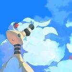  :o absurdres ampharos blending blue_sky cloud colored_skin day from_below gem highres horns long_hair mega_ampharos no_humans open_mouth outdoors pokemon pokemon_(creature) pokemon_focus red_gem sky solid_circle_eyes striped_horns upper_body wwwaaa_25 yellow_skin 