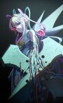  1girl artificial_eye artist_request bare_shoulders black_background blonde_hair blue_bow blue_eyes blue_hair blue_skirt bow bowtie cable chouzetsusaikawa_tenshi-chan commentary_request cowboy_shot cross cyborg expressionless hair_bow highres long_hair looking_at_viewer mechanical_arms mechanical_eyes metal_skin metal_wings multicolored_hair needy_girl_overdose official_art pink_bow pink_hair pleated_skirt purple_bow quad_tails second-party_source shirt single_mechanical_arm single_mechanical_eye skirt sleeveless sleeveless_shirt solo standing torn_clothes torn_shirt very_long_hair yellow_bow yellow_bowtie 
