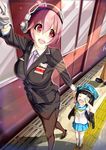  absurdres alternate_hairstyle bad_id bad_pixiv_id black_hair blush breasts child crying folded_ponytail formal gloves headphones highres holding_hands kasappi large_breasts long_hair multiple_girls necktie nitroplus pantyhose pink_hair red_eyes smile suit super_sonico tactile_paving thighhighs train_station 