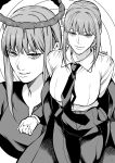  1girl absurdres breasts chainsaw_man collared_shirt commentary dress greyscale halo highres jacket kei_dragonsheaven large_breasts long_hair makima_(chainsaw_man) monochrome multiple_views necktie pant_suit pants ringed_eyes shirt shirt_tucked_in sidelocks suit suit_jacket 