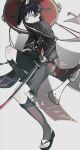  1boy absurdres arm_up armor black_hair black_sandals black_shorts black_sleeves blunt_ends choppy_bangs commentary_request full_body genshin_impact gold gold_trim grin hat highres holding holding_sword holding_weapon japanese_armor japanese_clothes jingasa juban katana kimono knee_up kote kurokote layered_sleeves looking_at_viewer male_focus purple_eyes purple_sash purple_sleeves red_hat red_kimono red_sash sandals sash scaramouche_(genshin_impact) short_sleeves shorts smile solo stirrup_legwear sword tassel teeth toeless_legwear toenails tsuibakiwa tsurime weapon white_background white_kimono zouri 