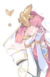  1girl ambience_synesthesia arknights blending bridal_gauntlets chinese_commentary closed_mouth commentary_request disembodied_hand facial_mark gold_collar hands_up highres lemuen_(arknights) lemuen_(requiem_vesperis)_(arknights) long_hair looking_at_viewer mark_under_eye maymeriko official_alternate_costume one_eye_covered own_hands_together pink_eyes pink_hair simple_background smile solo teardrop_facial_mark upper_body veil white_background white_veil 