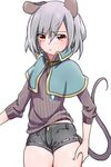  adapted_costume alternate_costume animal_ears blush capelet collar grey_hair jewelry long_sleeves looking_at_viewer mouse_ears mouse_tail nazrin necklace red_eyes short_hair shorts simple_background solo striped sweater tail touhou toujou_(toujou_ramen) white_background 