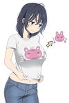  black_hair blue_eyes blush breasts cowboy_shot denim jeans mattaku_mousuke medium_breasts navel original pants shirt short_hair short_sleeves simple_background smile solo sweatdrop t-shirt white_background 