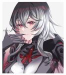 1girl commentary_request grey_hair hair_between_eyes hand_up highres long_hair pink_eyes rubilia_(tower_of_fantasy) simple_background solo solo_focus tower_of_fantasy uriuritei white_background 