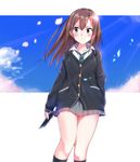  black_legwear blush brown_hair cardigan cellphone cloud day earrings green_eyes idolmaster idolmaster_cinderella_girls jewelry long_hair masamuuu necktie petals phone school_uniform shibuya_rin skirt sky smartphone socks solo 