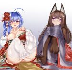  2girls absurdres ahoge alternate_costume amagi_(azur_lane) animal_ears anus ass azur_lane bangs bare_shoulders black_legwear blue_hair blunt_bangs blush breasts breasts_outside brown_hair collarbone eyebrows_visible_through_hair feet flower fox_ears fur_collar gradient gradient_background hair_flower hair_ornament hand_on_own_chest heart heart-shaped_pupils highres japanese_clothes kimono large_breasts long_hair looking_at_viewer multiple_girls nail_polish nipples no_shoes off_shoulder open_mouth parted_lips purple_eyes purple_kimono red_kimono red_nails shiny shiny_skin sidelocks soles st._louis_(azur_lane) symbol-shaped_pupils thick_eyebrows thighhighs toes wenzheng147 white_legwear wide_sleeves 