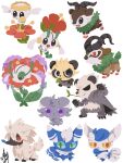  :d absurdres aqua_sclera bright_pupils chibi chibi_only clenched_hands closed_mouth colored_sclera commentary_request dot_nose espurr flabebe flabebe_(red_flower) floette floette_(red_flower) florges florges_(red_flower) flower full_body furfrou furfrou_(natural) gogoat highres holding holding_flower horns leaf leaf_in_mouth meowstic meowstic_(female) meowstic_(male) multiple_tails open_mouth pancham pangoro pokemon pokemon_(creature) pokemon_focus purple_eyes purple_sclera red_eyes red_flower signature simple_background skiddo smile t_tsudaka tail white_background white_pupils yellow_sclera 