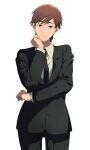  1girl absurdres anime_coloring black_jacket black_necktie black_pants brown_eyes brown_hair chainsaw_man collared_shirt division_4_female_member earrings highres jacket jewelry knew_nothing long_sleeves necktie pant_suit pants shirt shirt_tucked_in short_hair simple_background smile solo stud_earrings suit suit_jacket tomboy white_background white_shirt 