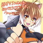  :d animal_ears antenna_hair bare_shoulders blazblue blush breasts brown_eyes brown_hair fingerless_gloves gloves h-new large_breasts looking_at_viewer makoto_nanaya open_mouth short_hair smile solo squirrel_ears translation_request underboob upper_body 
