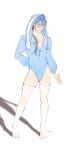  1boy ahoge alternate_costume animal_ear_hood animal_ears animal_hood arm_behind_back ass_visible_through_thighs blue_eyes blue_gem blue_hair blue_ribbon blush bracelet bulge closed_mouth collarbone edmond_(nu_carnival) full_body gem gold_bracelet groin hair_between_eyes hair_over_shoulder heart_zipper highres hood jewelry long_hair long_sleeves low_ponytail male_focus no_shoes nu_carnival onesie pectoral_cleavage pectorals ponytail puffy_long_sleeves puffy_sleeves rabbit_ears rabbit_hood ribbon see-through_clothes see-through_thighhighs simple_background solo springchaos standing thighhighs toned toned_male twitter_username variant_set white_background white_thighhighs zipper 
