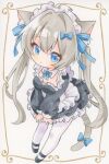  1girl animal_ears apron black_dress black_shoes blue_bow blue_eyes blush bow cat_ears cat_girl cat_tail commentary deformed dress full_body grey_hair hair_bow highres long_hair looking_at_viewer maid maid_headdress marker_(medium) original pantyhose shoes solo tail tail_bow tail_ornament traditional_media twintails twitter_username very_long_hair waist_apron watermark white_apron white_pantyhose yuiki_(cube) 