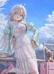  1girl absurdres ahoge blue_sky breasts chinese_commentary choker cloud collarbone commentary_request cropped_jacket day dress frills green_eyes hair_between_eyes hair_ribbon high_heels highres jacket jiawenqing long_hair long_sleeves looking_at_viewer mountain open_mouth original outdoors pink_ribbon puffy_sleeves ribbon rolling_suitcase signature sky socks solo standing stuffed_animal stuffed_toy suitcase white_dress white_hair white_socks 