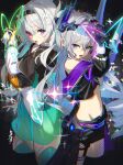  2girls black_gloves black_hairband black_jacket black_shorts commentary_request eyewear_on_head firefly_(honkai:_star_rail) gloves green_thighhighs grey_eyes grey_hair hair_between_eyes hair_ornament hairband henshin_pose holding honkai:_star_rail honkai_(series) jacket long_hair midriff multiple_girls navel purple_eyes scottie_(phantom2) shorts silver_wolf_(honkai:_star_rail) silver_wolf_(lv.999)_(honkai:_star_rail) sunglasses thighhighs 