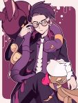  1boy black-framed_eyewear budew closed_mouth coat collared_shirt commentary_request corbeau_(pokemon) crossed_legs ekans glasses hand_up highres long_sleeves male_focus mitsu3_haya necktie open_clothes open_coat pants pokemon pokemon_(creature) pokemon_legends:_z-a purple_background purple_shirt roserade round_eyewear scolipede shirt short_hair sitting split_mouth 