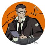 1boy adskylark beard_stubble black_hair black_jacket black_necktie buzz_cut circle collared_shirt commentary cup disco_elysium english_commentary facial_hair highres holding holding_notepad jacket kim_kitsuragi looking_to_the_side male_focus necktie notepad round_eyewear shirt short_hair solo stubble upper_body very_short_hair white_shirt 