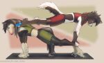 anthro canid canine canis domestic_dog duo equid equine fiuefey hi_res horse male male/male mammal yoga yoga_mat yoga_shorts yoga_top 